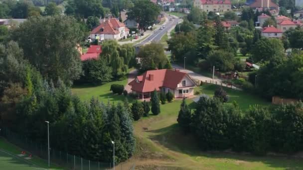 Schöne Landschaft Kirche Radymno Luftaufnahme Polen Hochwertiges Filmmaterial — Stockvideo