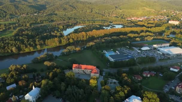 Gyönyörű Táj Royal Castle River San Sanok Aerial View Lengyelország — Stock videók