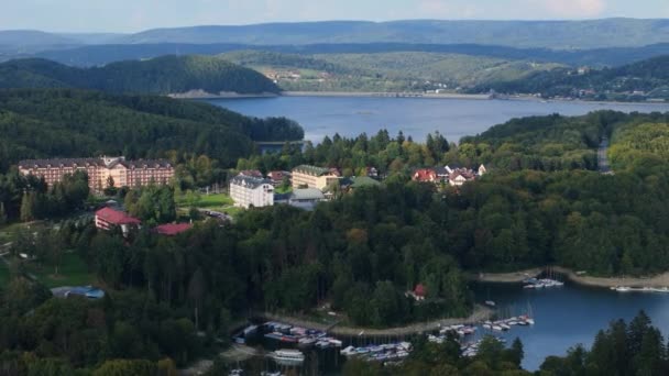 Beautiful Landscape Polanczyk Lake Solina Bieszczady Aerial View Poland High — Stock Video