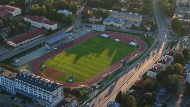 Vackra Landskap Stadium Sanok Antenn View Poland Högkvalitativ Film — Stockvideo