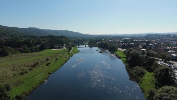 Beautiful Landscape River San Mountains Bieszczady Sanok Aerial View Poland — Stock Video