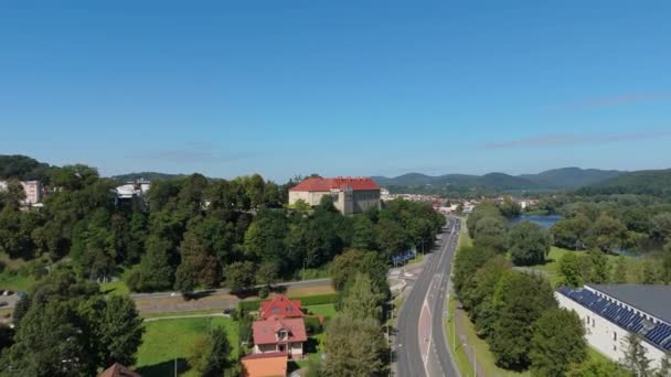 Vackra Landskap Kungliga Slottet Gamla Stan Sanok Flygfoto Polen Högkvalitativ — Stockvideo