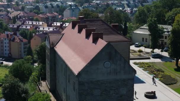 Vackra Royal Castle Old Town Sanok Flygfoto Polen Högkvalitativ Film — Stockvideo