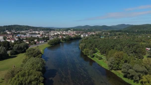 Schöne Landschaft Fluss San Mountains Bieszczady Sanok Luftaufnahme Polen Hochwertiges — Stockvideo