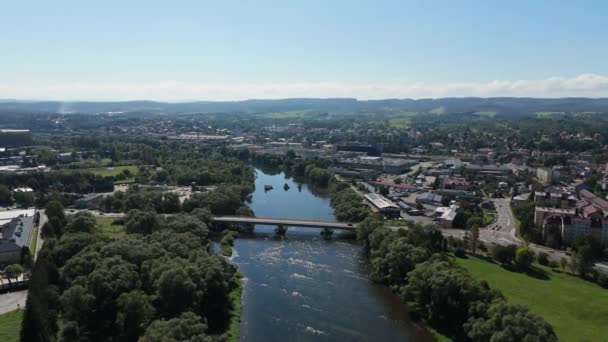Vackra Landskap Floden San Bridge Sanok Antenn Utsikt Polen Högkvalitativ — Stockvideo