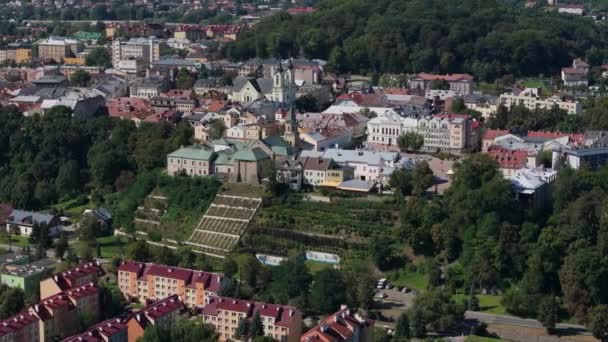 Beautiful Landscape Hill Old Town Market Square Sanok Aerial View — Stock Video