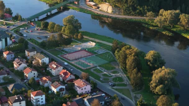 Beautiful Playgrund Skatepark River San Sanok Aerial View Poland High — Stock Video
