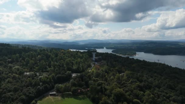 Vista Bela Paisagem Torre Lago Solina Montanhas Bieszczady Vista Aérea — Vídeo de Stock