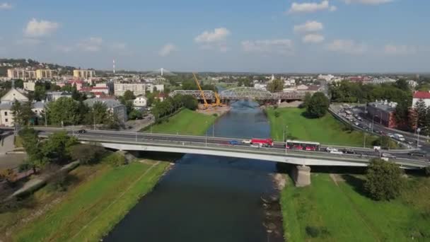 Güzel Peyzaj Köprüsü San Przemysl Hava Manzaralı Polonya Yüksek Kalite — Stok video