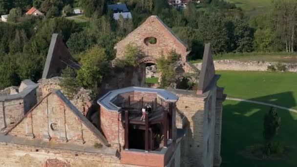 Ruins Monastery Zagorz Bieszczady Aerial View Poland High Quality Footage — Stock Video