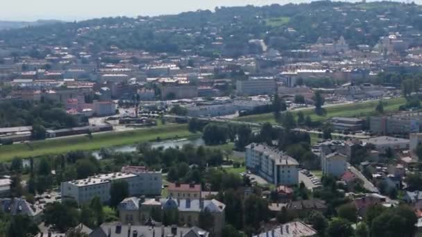 Schöne Panoramabrücke Über Den Fluss San Przemysl Luftaufnahme Polen Hochwertiges — Stockvideo
