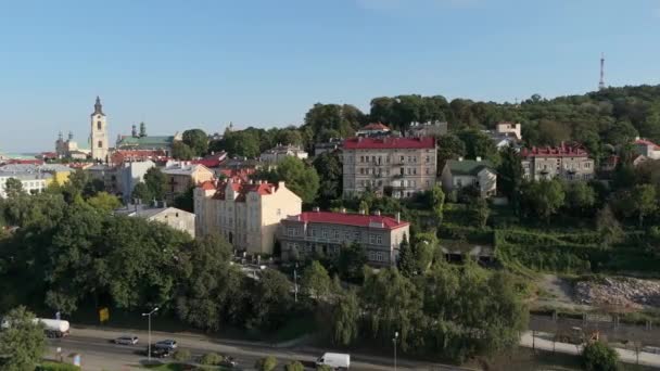 Beautiful Landscape Hill Tenement Houses Przemysl Aerial View Poland High — Stock Video
