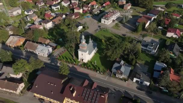 Bela Paisagem Downtown Church Zagorz Vista Aérea Polónia Imagens Alta — Vídeo de Stock