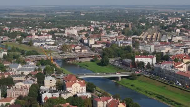 Prachtige Panorama Bridge River San Przemysl Aerial View Polen Hoge — Stockvideo