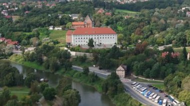 Panorama Kraliyet Kalesi Sandomierz Hava Görüntüsü Polonya. Yüksek kalite 4k görüntü