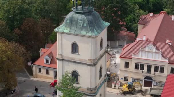 Güzel Tarihi Çan Kulesi Sandomierz Hava Görüntüsü Polonya Yüksek Kalite — Stok video