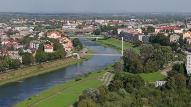 Schöne Panoramabrücke Über Den Fluss Przemysl Luftaufnahme Polen Hochwertiges Filmmaterial — Stockvideo