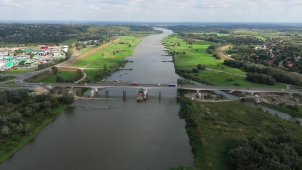 Beautiful Landscape Bridge River Vistula Sandomierz Aerial View Poland High — Stock Video
