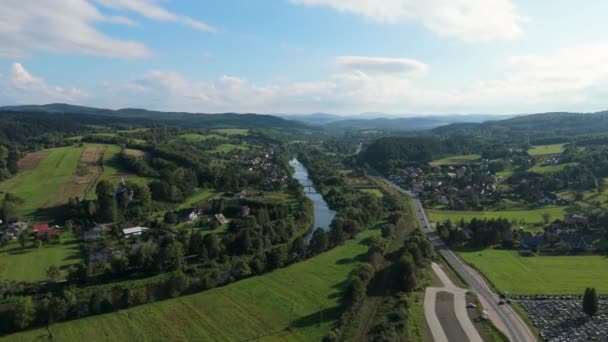 Krásné Krajinné Hory Bieszczady River Zagorz Letecký Pohled Polsko Vysoce — Stock video