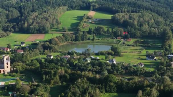 Krásná Krajina Pond Mountains Bieszczady Zagorz Letecký Pohled Polsko Vysoce — Stock video