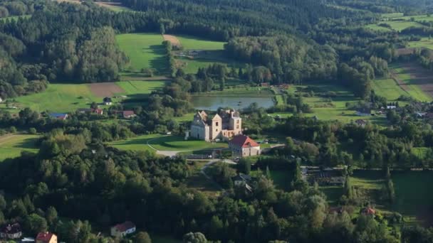 Beautiful Landscape Ruins Monastery Zagorz Bieszczady Aerial View Poland High — Stock Video