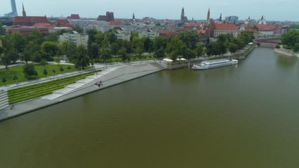 Quai Navire Rivière Odra Wroclaw Vue Aérienne Pologne Images Haute — Video