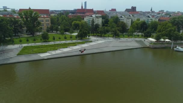 Hajó Kikötő Folyó Odra Wroclaw Aerial View Lengyelország Kiváló Minőségű — Stock videók