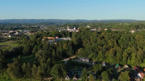 Beau Paysage Château Montagnes Lesko Vue Aérienne Pologne Images Haute — Video