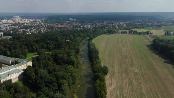 Beautiful Landscape River Field Palace Czartoryski Pulawy Αεροφωτογραφία Πολωνία Υψηλής — Αρχείο Βίντεο