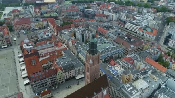 Beautiful Tower Old Town Market Square Wroclaw Aerial View Poland — Stock Video