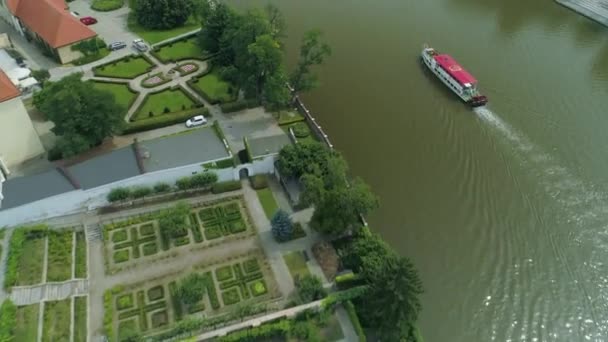 Belle Bateau Rivière Odra Wroclaw Vue Aérienne Pologne Images Haute — Video