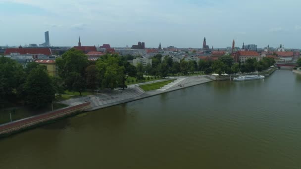 Fartygsbrygga Harbor River Odra Wroclaw Flygfoto Polen Högkvalitativ Film — Stockvideo