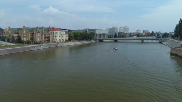 Boat Grundwald Bridge Wroclaw Aerial View Poland High Quality Footage — Stock Video