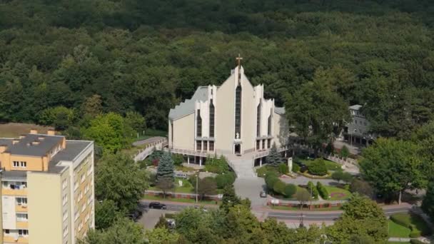 Schöne Landschaft Kirche Wald Pulawy Luftaufnahme Polen Hochwertiges Filmmaterial — Stockvideo