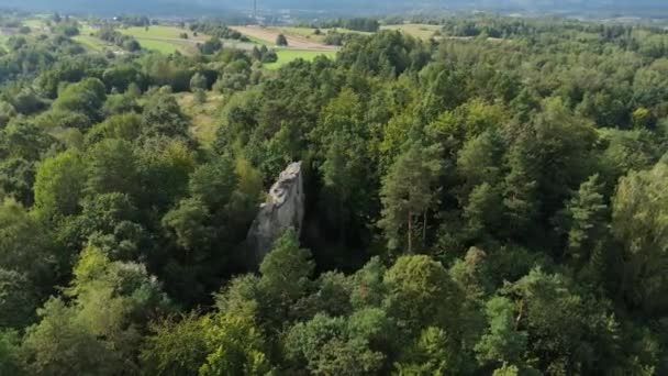 Prachtige Stone Lesko Forest Aerial View Polen Hoge Kwaliteit Beeldmateriaal — Stockvideo