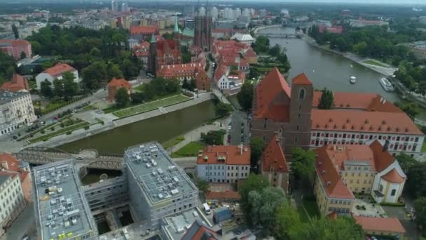 Prachtige Panorama Kathedraal Ostrow Tumski Wroclaw Aerial View Polen Hoge — Stockvideo