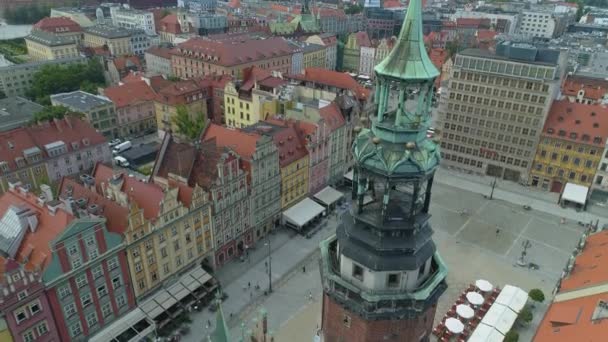 Schöner Turm Altstädter Marktplatz Breslau Luftaufnahme Polen Hochwertiges Filmmaterial — Stockvideo