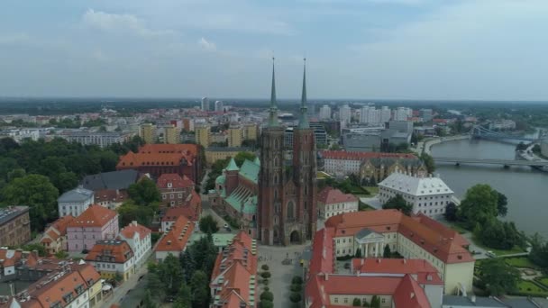 Prachtige Kathedraal Ostrow Tumski Wroclaw Aerial View Polen Hoge Kwaliteit — Stockvideo