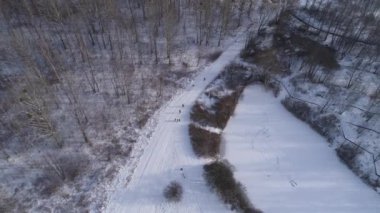 Güzel Kar Yolu Ormanı Czestochowa Hava Manzarası Polonya. Yüksek kalite 4k görüntü