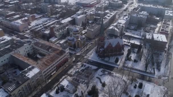 Czestochowa Şehir Merkezi Güzel Kilise Meydanı Hava Manzarası Polonya Yüksek — Stok video