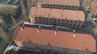 Auschwitz Toplama Kampı Oswiecim Hava Görüntüleme Polonya. Yüksek kalite 4k görüntü
