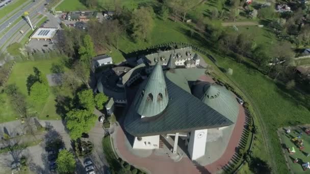 Prachtige Sanctuary Nowy Sacz Aerial View Polen Hoge Kwaliteit Beeldmateriaal — Stockvideo