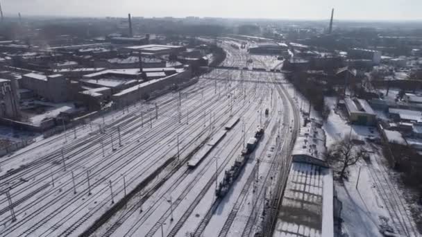 Vackra Panorama Järnvägsspår Snow Czestochowa Antenn View Poland Högkvalitativ Film — Stockvideo