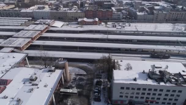Lindas Trilhas Ferroviárias Panorama Snow Czestochowa Vista Aérea Polônia Imagens — Vídeo de Stock