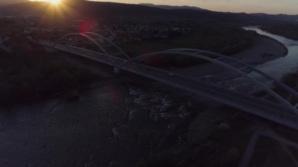 Bela Ponte Sunset River Nowy Sacz Vista Aérea Polônia Imagens — Vídeo de Stock