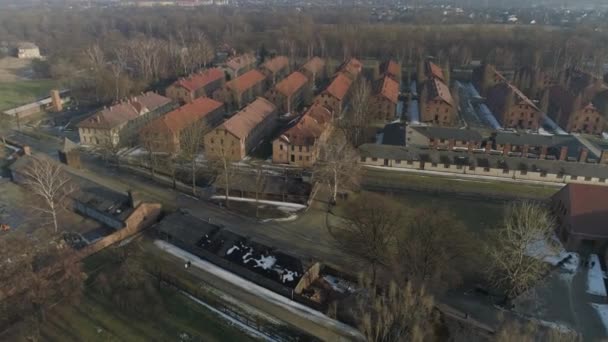 Auschwitz Koncentrációs Tábor Oswiecim Aerial View Lengyelország Kiváló Minőségű Felvételek — Stock videók