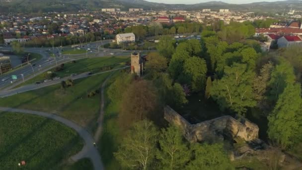 Castle Ruins Nowy Sacz Aerial View Polsko Vysoce Kvalitní Záběry — Stock video
