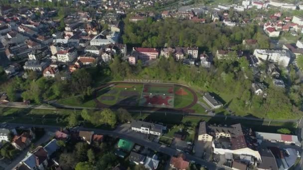 Panorama Speelveld Nowy Sacz Luchtfoto Uitzicht Polen Hoge Kwaliteit Beeldmateriaal — Stockvideo