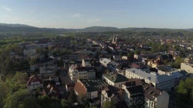 Güzel Panorama Şehir Merkezi Dağları Şimdi Sacz Hava Manzarası Polonya. Yüksek kalite 4k görüntü