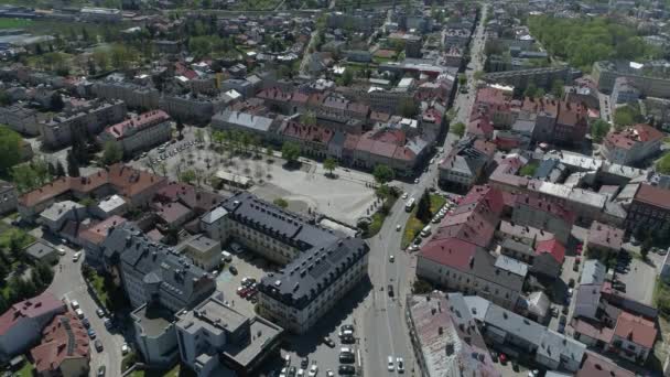 Panorama Plaza Del Mercado Principal Centro Ciudad Jaslo Vista Aérea — Vídeo de stock